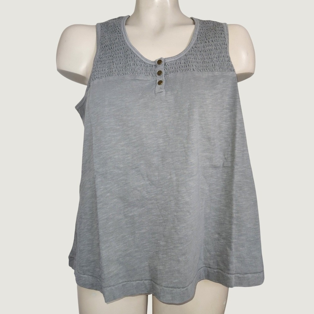 Aventura Essex NEW Tank Top L Grey Organic Cotton Smocked Henley M08335 Beachy